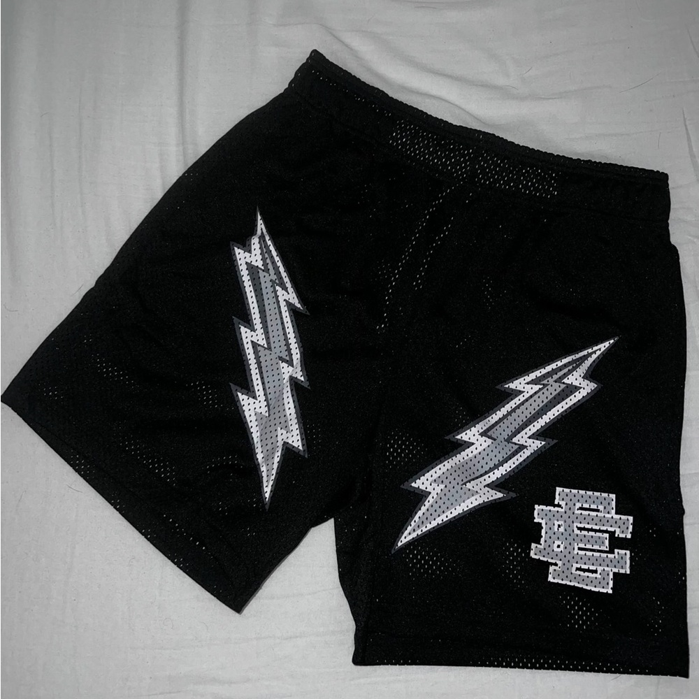 Eric Emanuel Black Shorts with Lightning Bolt Design